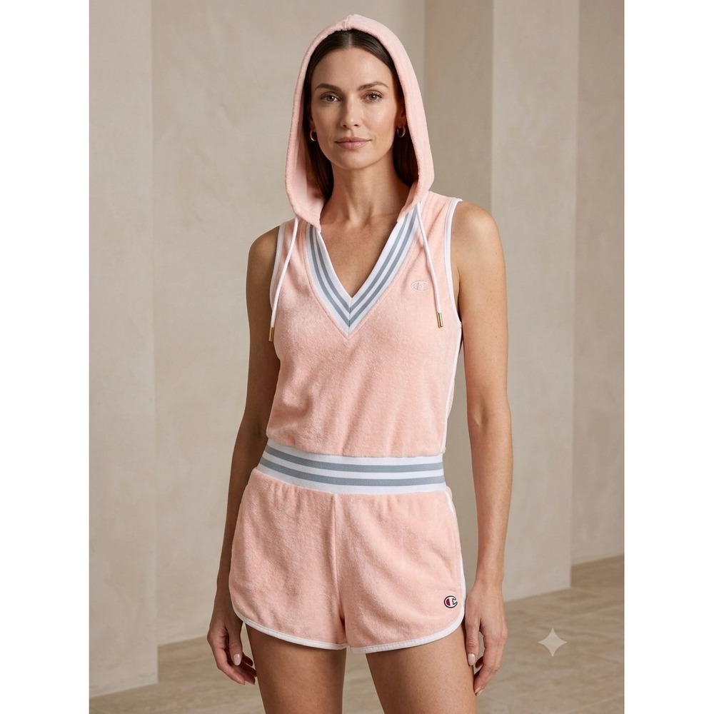 Champion Womens Terry Cloth Hooded Romper Pink Sleeveless WL939 Small